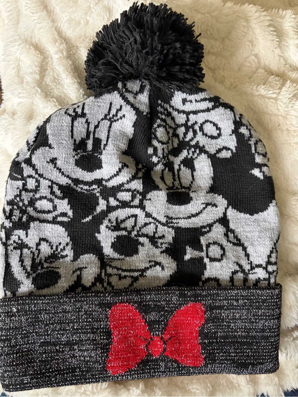 Kids Pom Beanie Hat with Minnie Bow - Black, Gray & Red